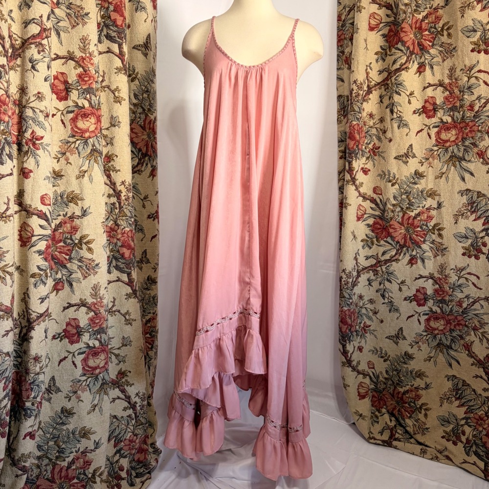 Free People Intimately Pink Stunning Flowy Ruffle High Low Maxi Dress w/ details